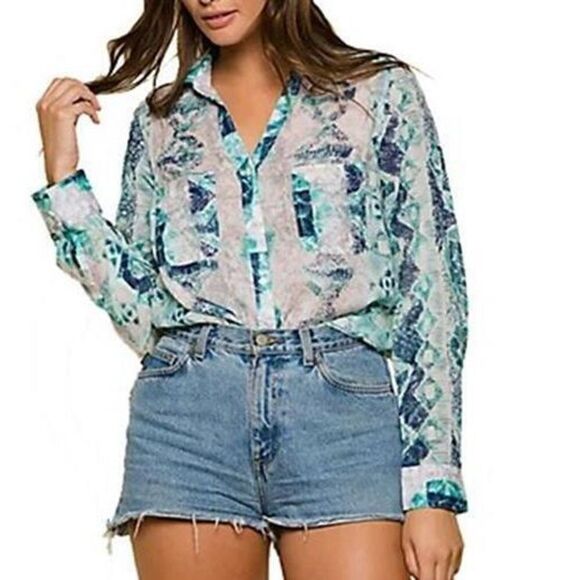 Z-571 RAGA Carly Button Down Long-Sleeve Boyfriend Shirt AQUA sz L - Picture 1 of 1
